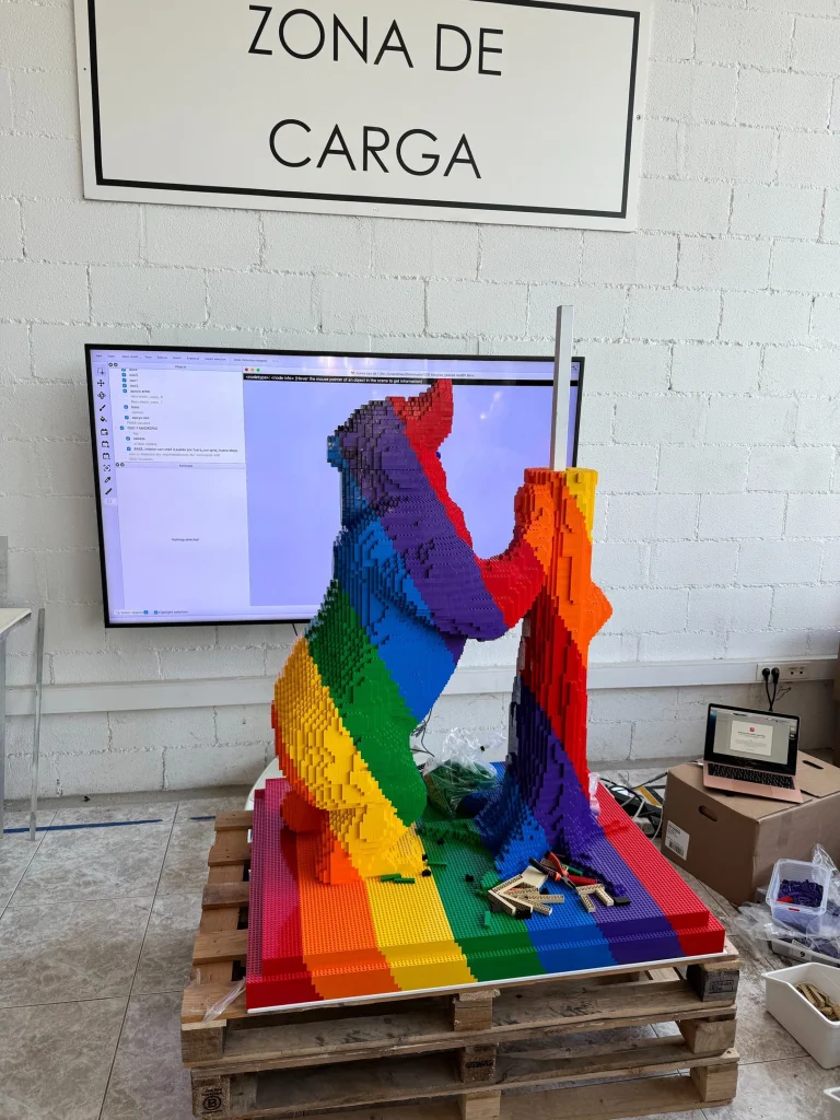 An overview of the nearly completed multicolored “Bear and Strawberry Tree” LEGO model.