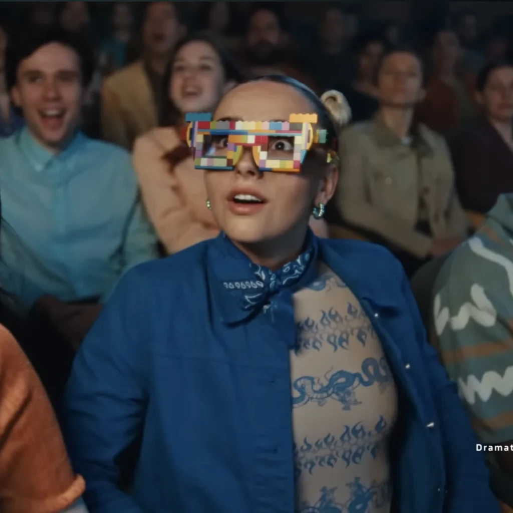 Colorful eyeglass frames built with LEGO, featured prominently in the TV commercial for which they were designed.