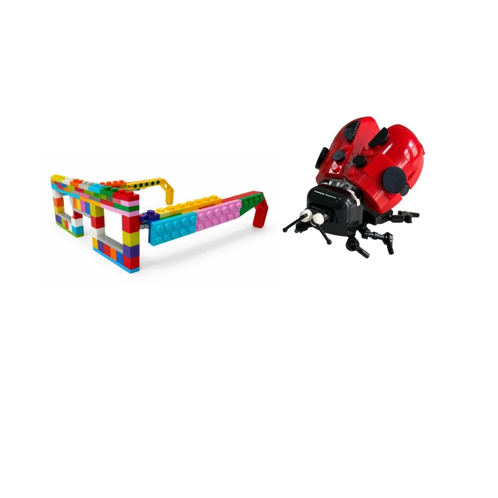 Colorful eyeglass frames and a hinged ladybug built with LEGO